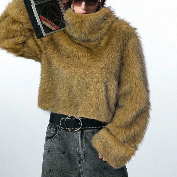 Camel Women's Long Sleeve fluffy faux fur Warm Jacket - Picture 4 of 7